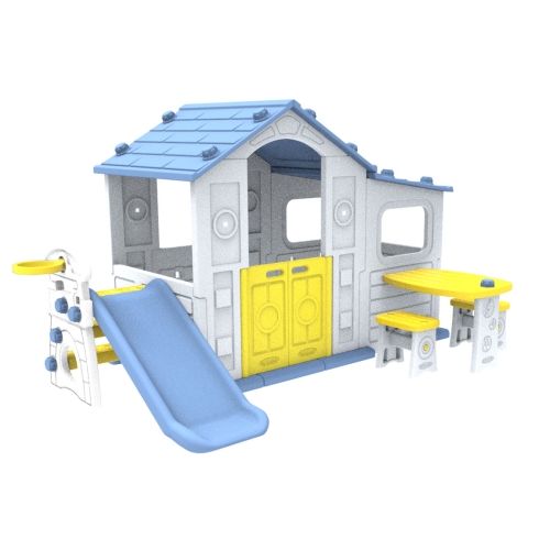 Duży Domek dla dzieci 4w1 Zjeżdżalnia Niebieski Dach CHD-508B